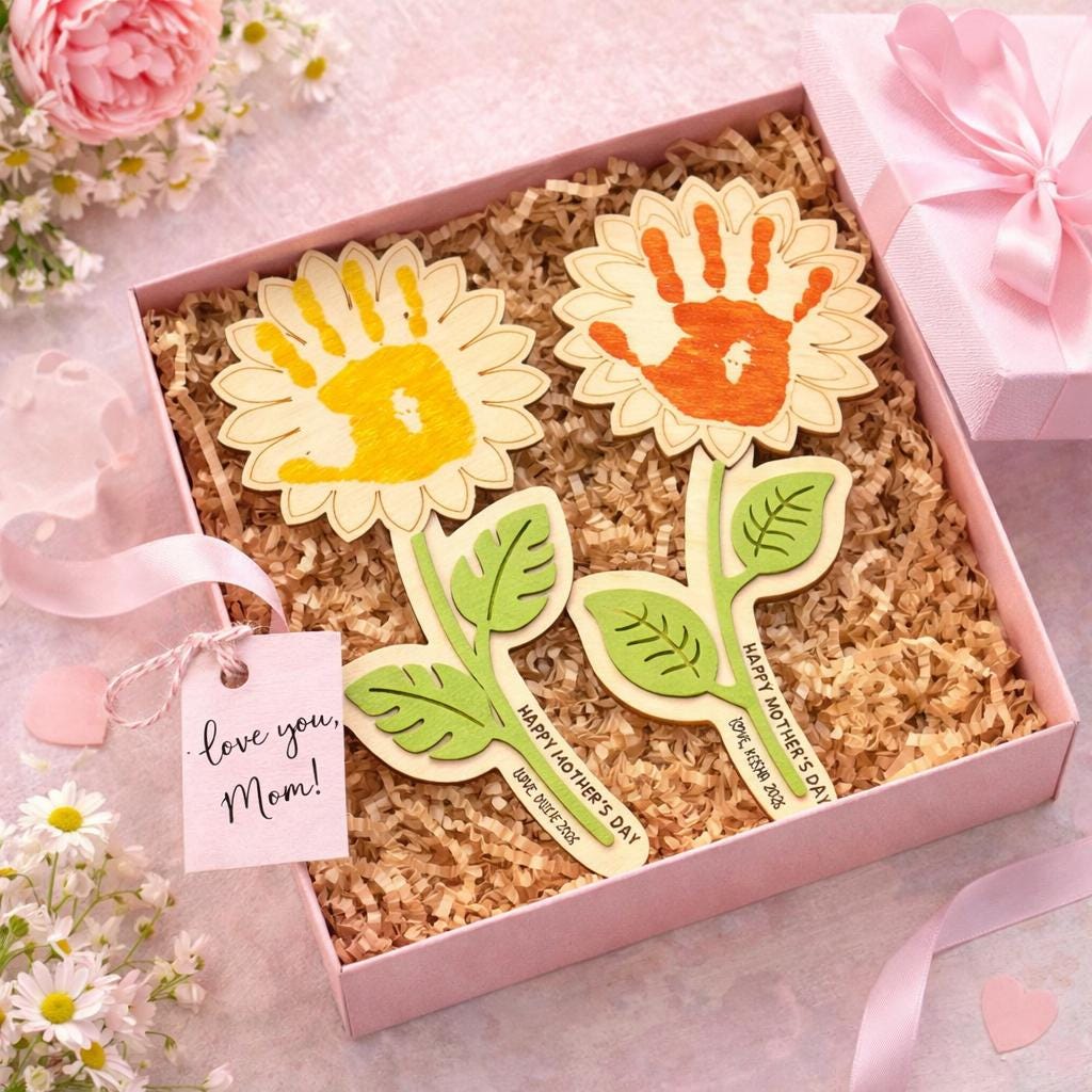 Personalized Mother’s Day Handprint Flower Sign, DIY First Mother's Day Handprint Sign, New Mom Mothers Day Gifts From Kids, Gift for Mom