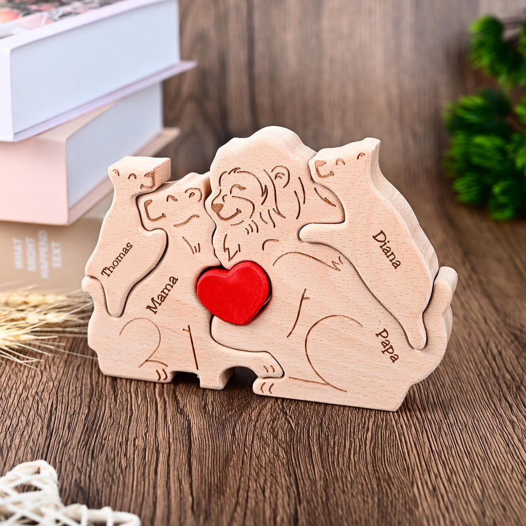 Wooden Lion Family Puzzle, Family Name Engraved Puzzle, Gift for New Parents, Lion Home Decor, Christmas Family Gift for Mom Dad Grandma