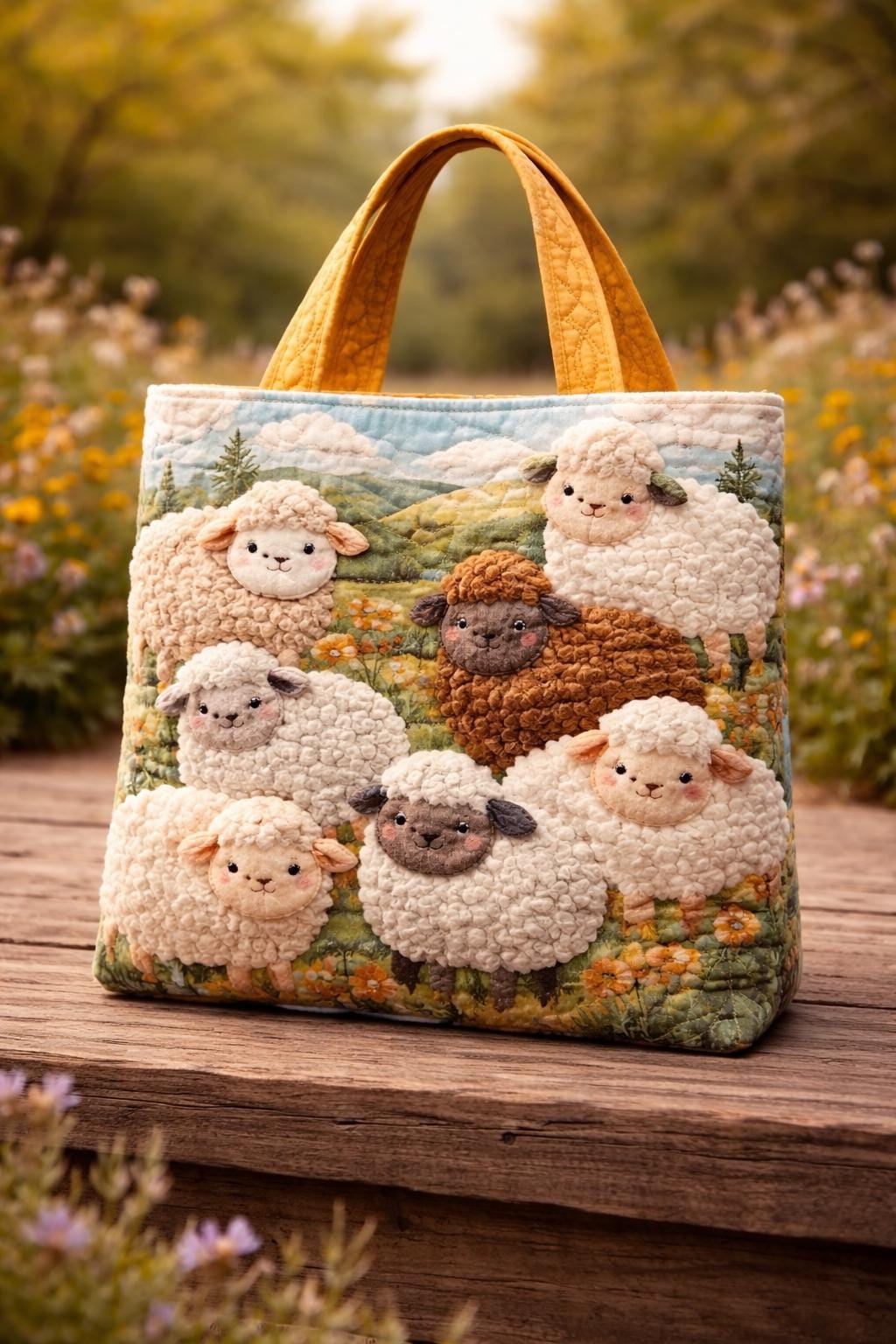 Sheep Family Quilted Tote Bag, Cute Farm Animal Patchwork Tote Bag, Cottagecore Floral Quilted Bag, Gift for Mom