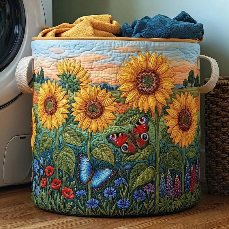 Wildflower Field Quilted Laundry Basket, Spring Floral Meadow Family Storage Bin, Botanical Hamper, Cozy Room Organizer