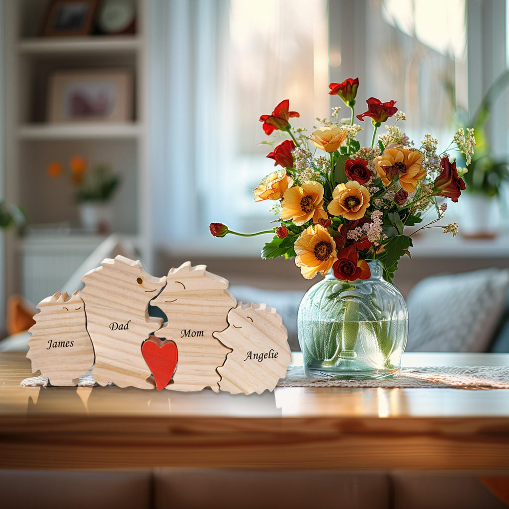 Wooden Animal Family Puzzle, 2-5 Hedgehogs Family Jigsaw Decor, Wedding Anniversary Gifts for Mom Dad Friend Couples Animal Family Decor