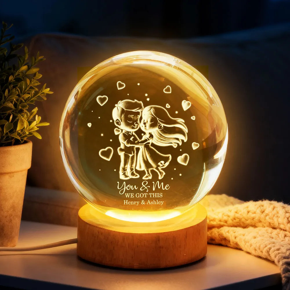 Loving Chibi Couple - Personalized Crystal Ball LED Night Light , Valentines Day Wedding Anniversary Gift For Couple