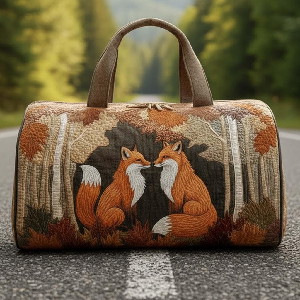 Couple Foxes Quilted Duffle Bag, Forest Fox Weekender Travel Bag, Woodland Animal Duffel, Cottagecore Overnight Bag, Mother's Day Gift