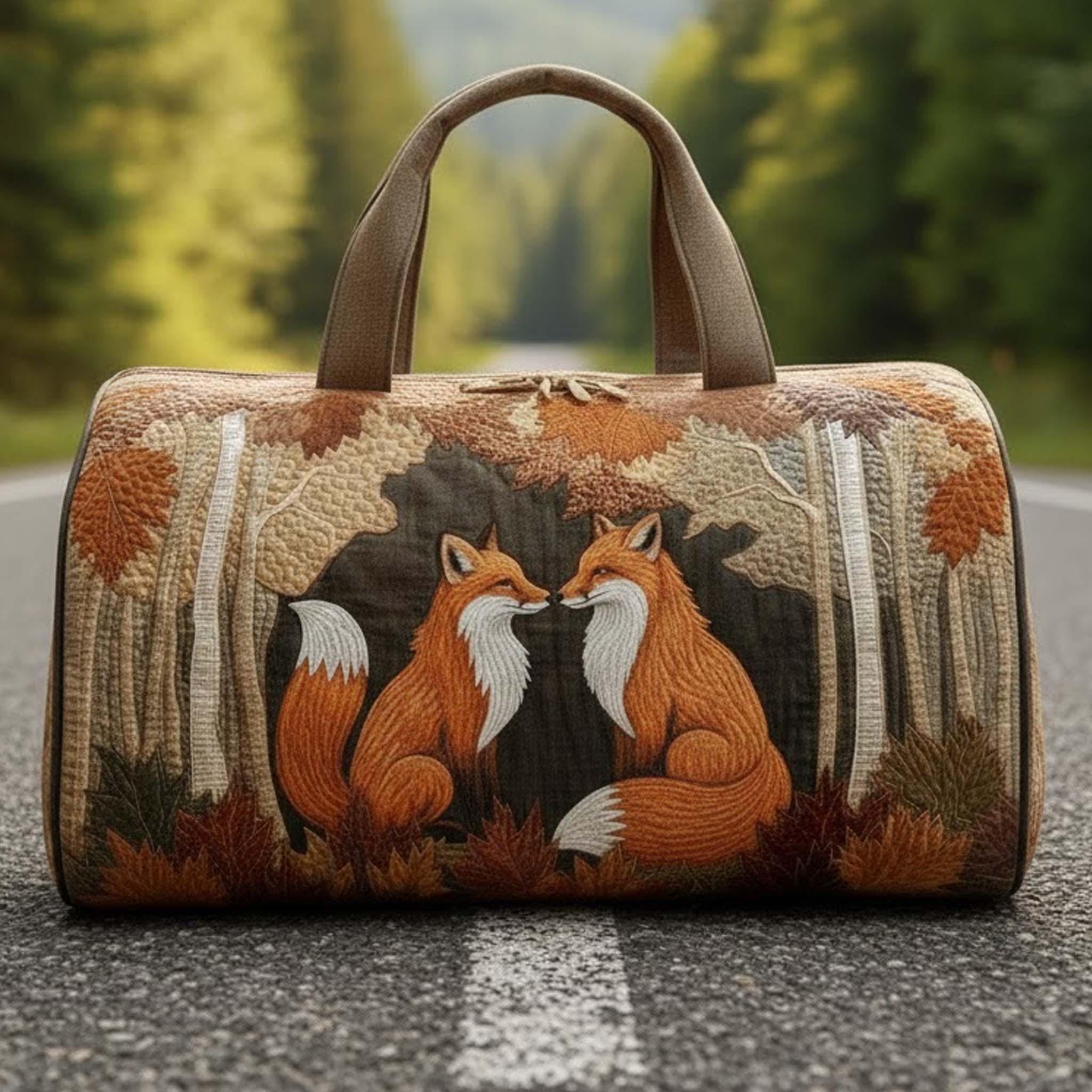 Couple Foxes Quilted Duffle Bag, Forest Fox Weekender Travel Bag, Woodland Animal Duffel, Cottagecore Overnight Bag, Mother's Day Gift