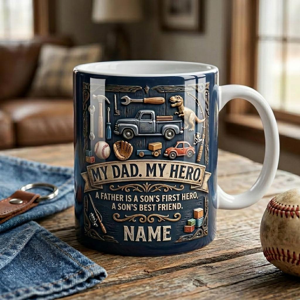 Personalized My Dad My Hero Mug, Faux 3D Effect Ceramic Cup, Custom Father’s Day Coffee Mug, Dad Appreciation Gift