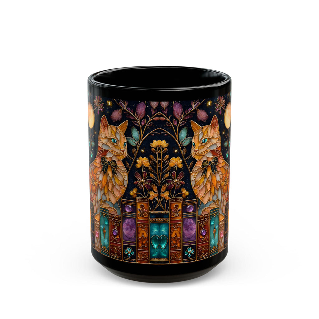 Vintage Faux Stained Glass Cat Mug, Book Lover Gift Reading Coffee Cup, Premium Ceramic Mug, Everyday Use & Gift Idea