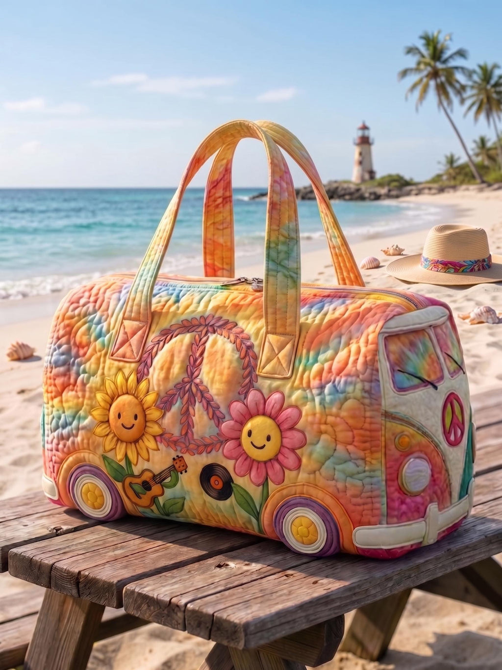 Hippie Camping Duffle Bag Pastel Boho Floral Weekender Peace Sign Travel Bag