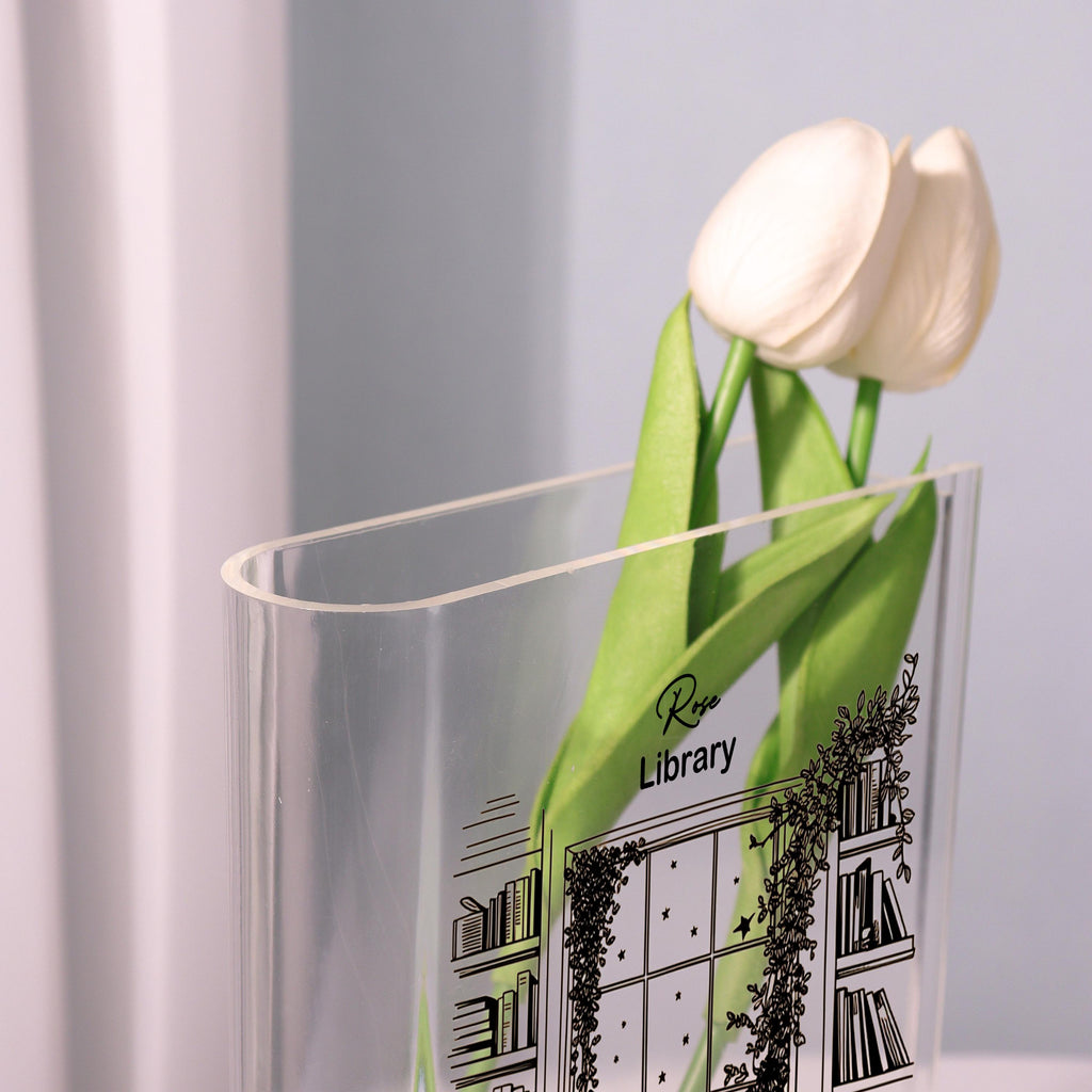 Line-art Library Acrylic Book Vase, Vintage Library Art Bookish Vase, Bookshelf Scene Book Shaped Vase Decor, Custom Gift for Book Lovers
