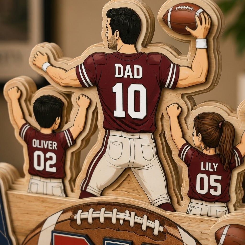 Personalized Football Dad Wooden Block, Custom Kids Names, Father's Day Sports Desk Keepsake