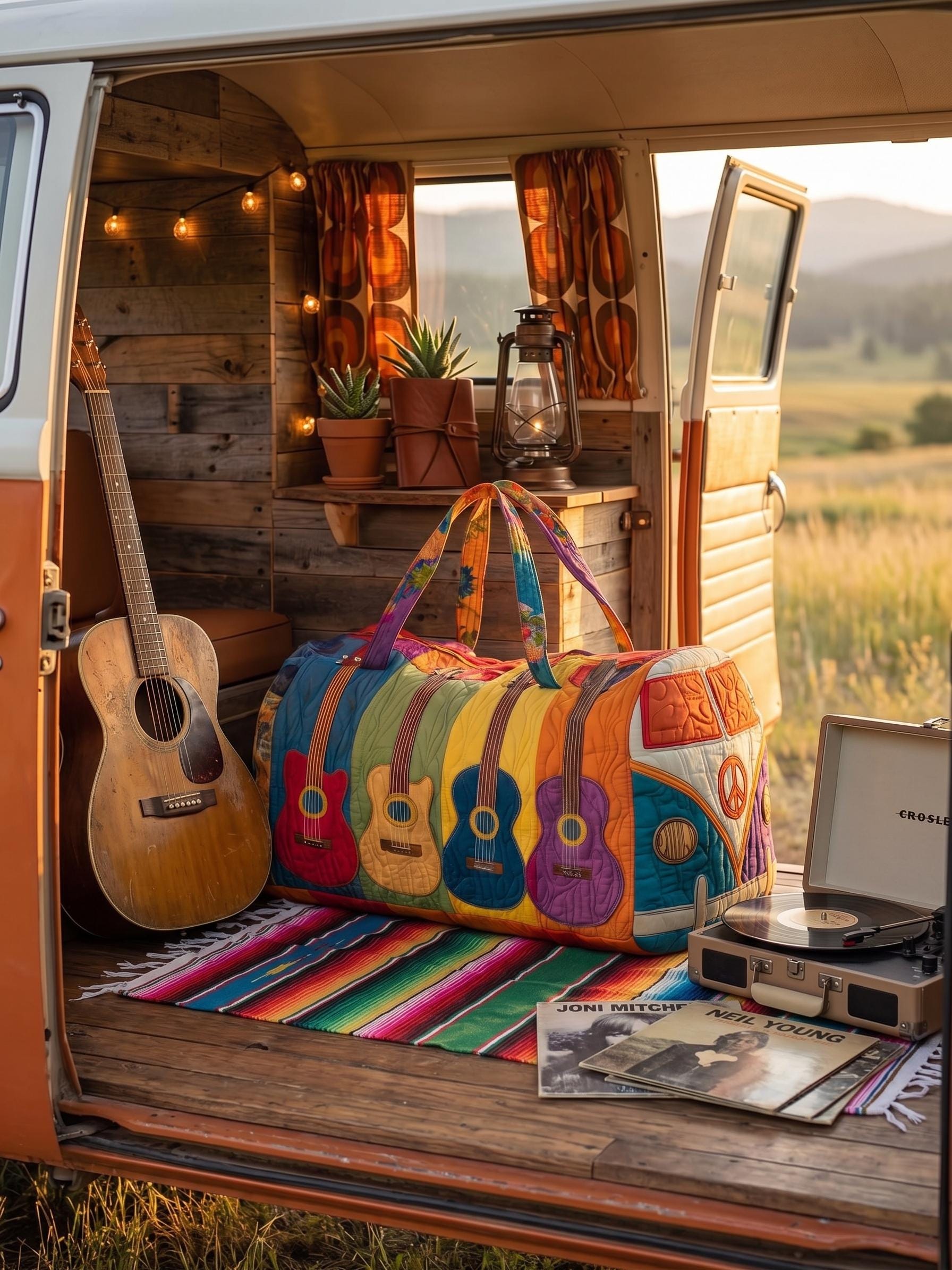 Guitar Quilted Duffle Bag, Retro Boho Music Lover Weekender Bag, Musician Travel Tote, Overnight Bag, Guitar Player Gift