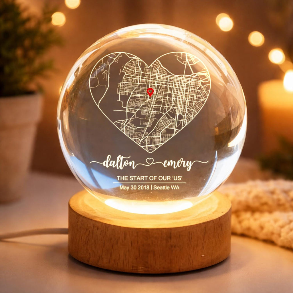 Custom Couple Map Crystal Ball LED Night Light, Personalized Where It All Began Location Gift, Romantic First Date Keepsake for Him or Her