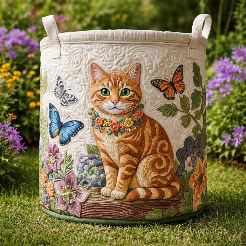 Floral Cat Quilted Laundry Basket_ Cute Cat Clothes Hamper, Gift for Grandma
