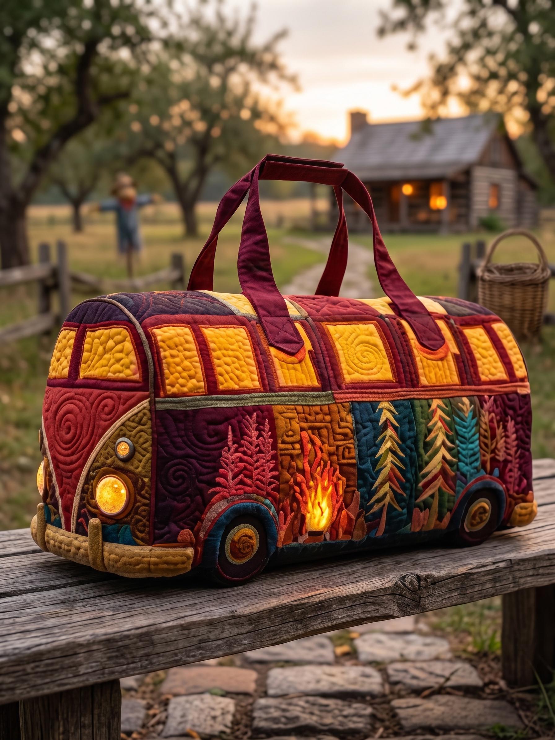 Camper Van Quilted Duffle Bag – Vintage Adventure Travel Weekender Tote, Road Trip Overnight Bag, Gift for Travel Lovers