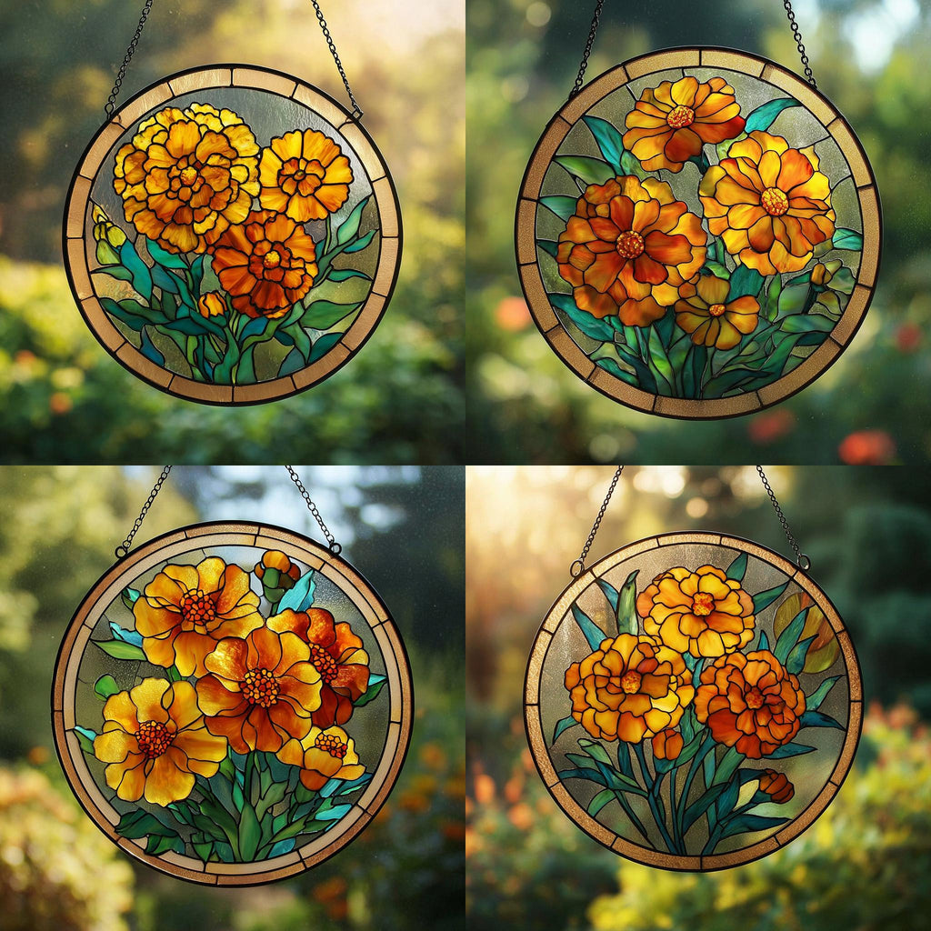 October Birth Flower Marigold Suncatcher – Stained Glass Window Hanging, Floral Home Decor, Sun Catcher Door Ornament, Gift for Her