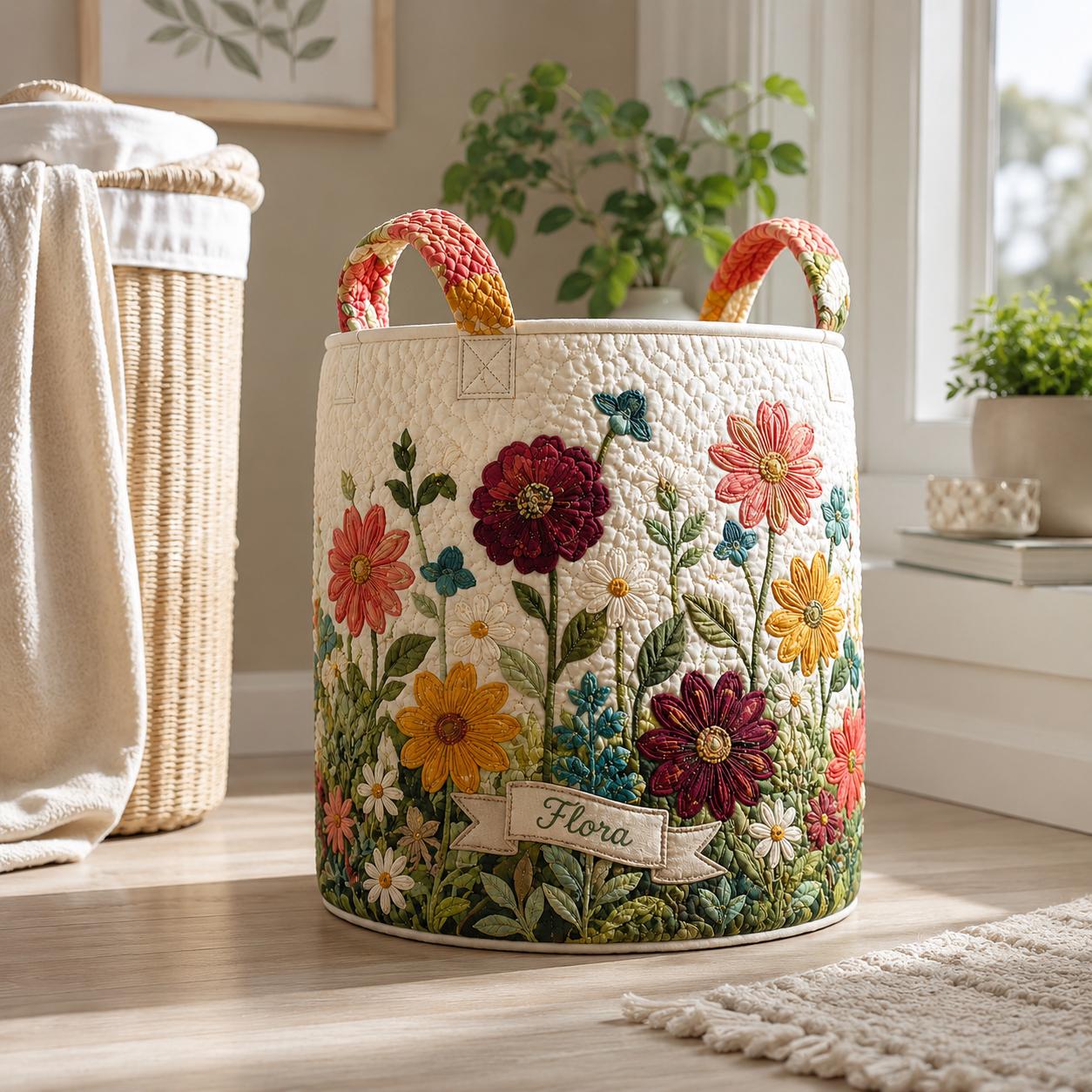Personalized Quilted Wildflower Laundry Basket, Floral Storage Bin, Cottagecore Decor