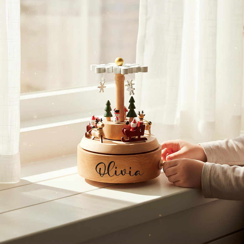 Christmas Wooden Carousel Baby Name Music Box – Personalized Newborn Xmas Keepsake Gift