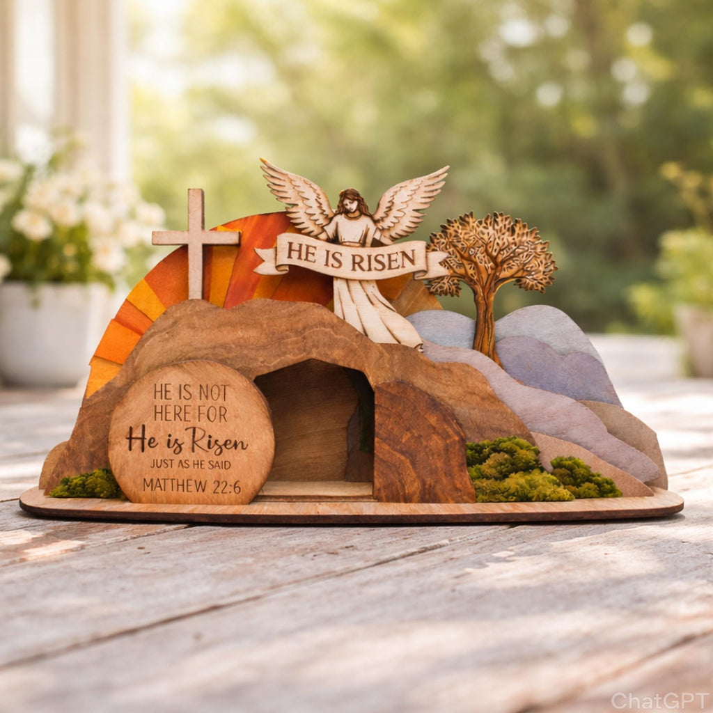 He is Risen Empty Tomb Wooden Sign, Resurrection Scene Easter Decor, Christian Home Display, Religious Bible Verse Gift