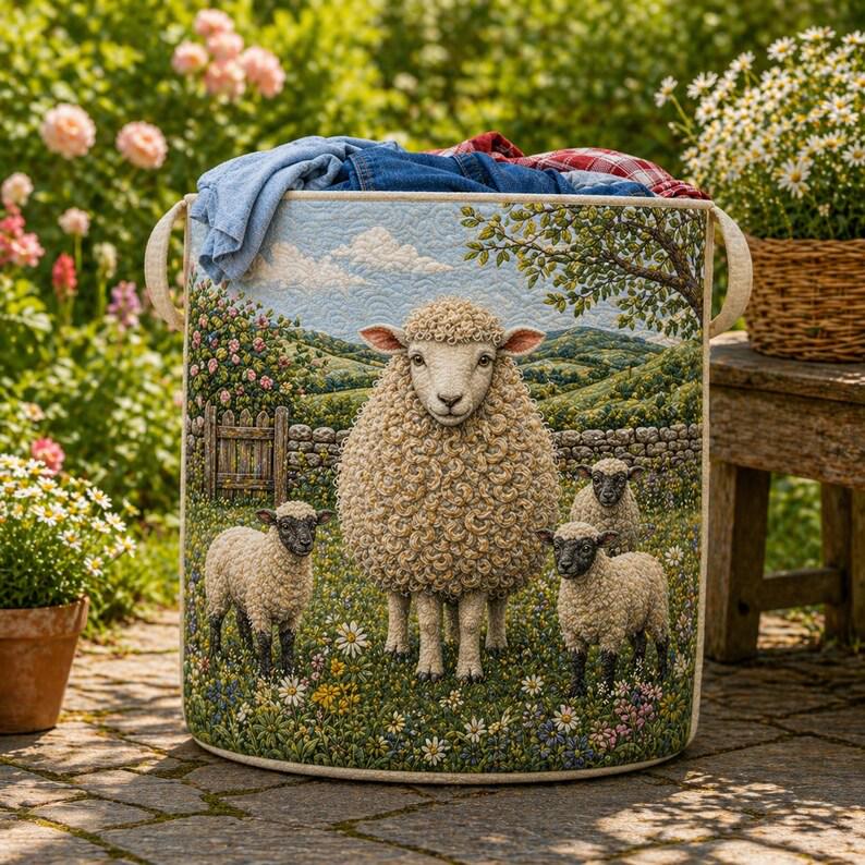 Sheep Heaven Quilted Laundry Basket, Sheep Laundry Room Decor, Soft Fabric Hamper, Colorful Sheep Storage Bin, Gift for Mom, Gift for Her
