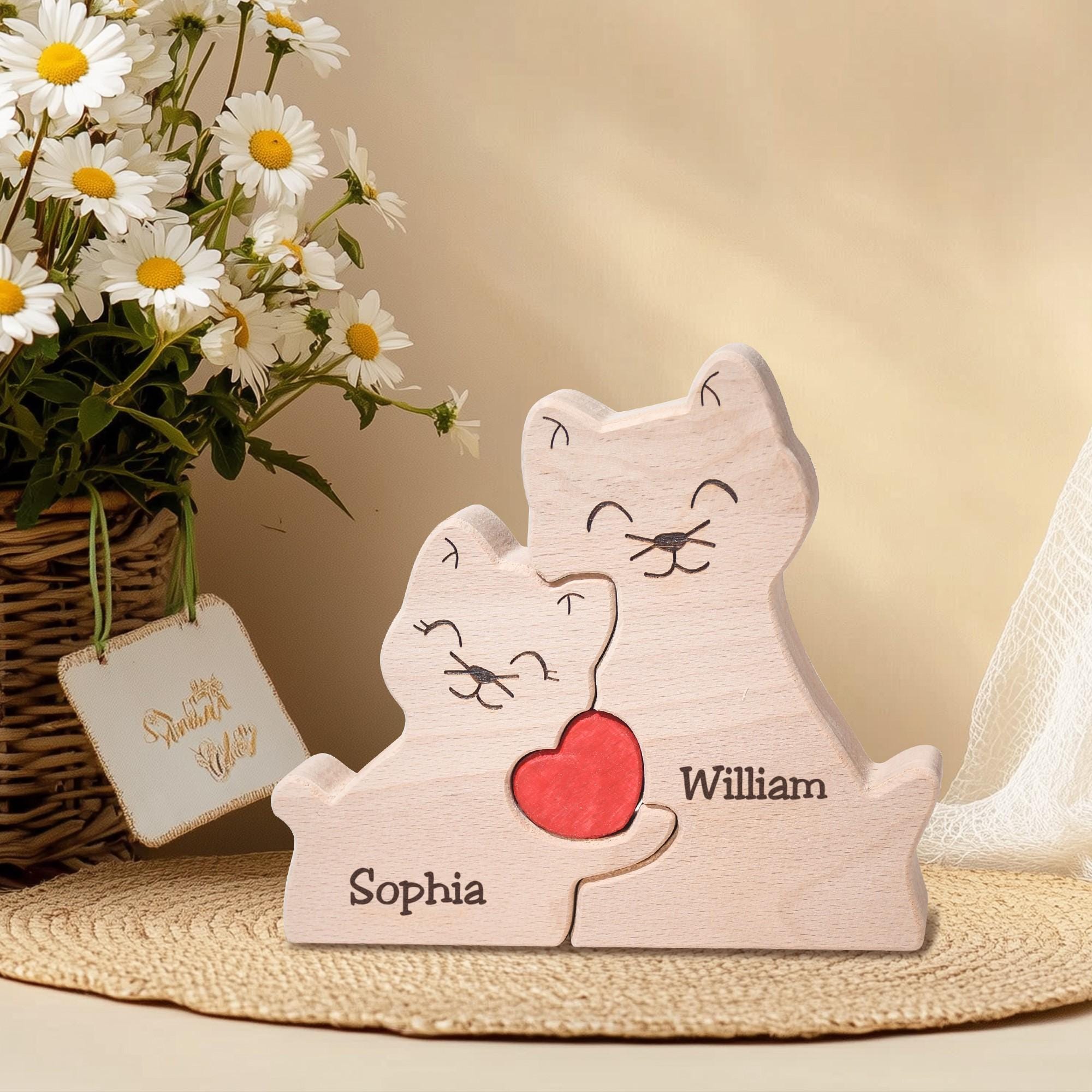Custom Wooden Cat Family Puzzle, Happy Family of 3 Home Decor, Engraved Cat Family Keepsake, Cat Lover Gifts, Cat Mum Gifts, Christmas Gifts