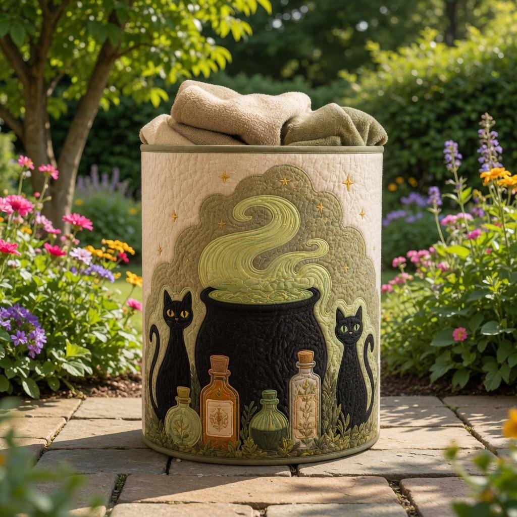 Witchy Quilted Laundry Basket, Black Cat Halloween Hamper, Spooky Cauldron Storage Bin, Gothic Fall Decor Basket