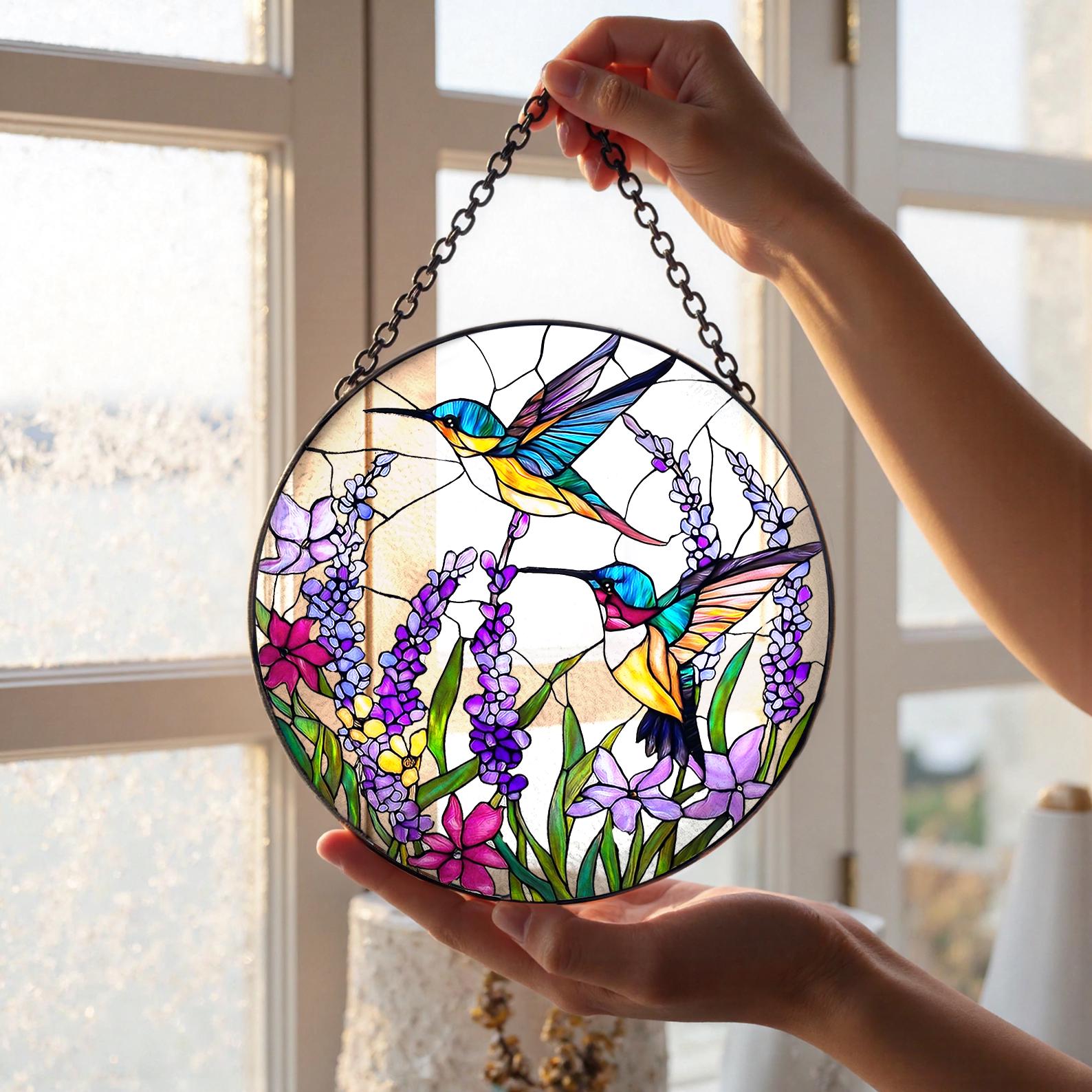 Hummingbird Stained Glass Suncatcher, Light-catching Window Hanging, Bird Glass Art, Gift for Mom or Grandma, Sympathy Memory Gift