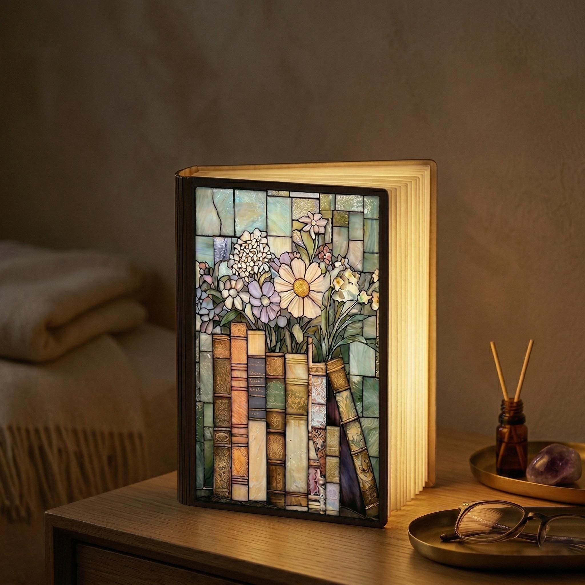 Book Lovercc, Stained Glass Bookshelf Design, LED Foldable Book Lamp, Cozy Reading Night Light, Reading Nook Lamp, Bookish Gifts