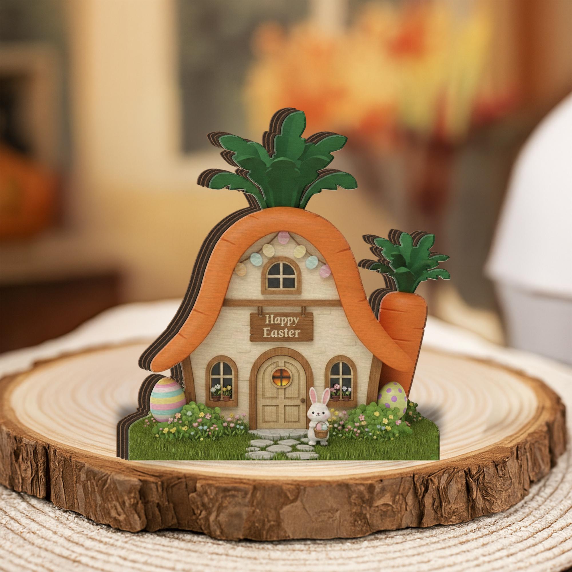 Wooden Block Easter Carrot House Decor, Layered Spring Bunny Cottage Sign
