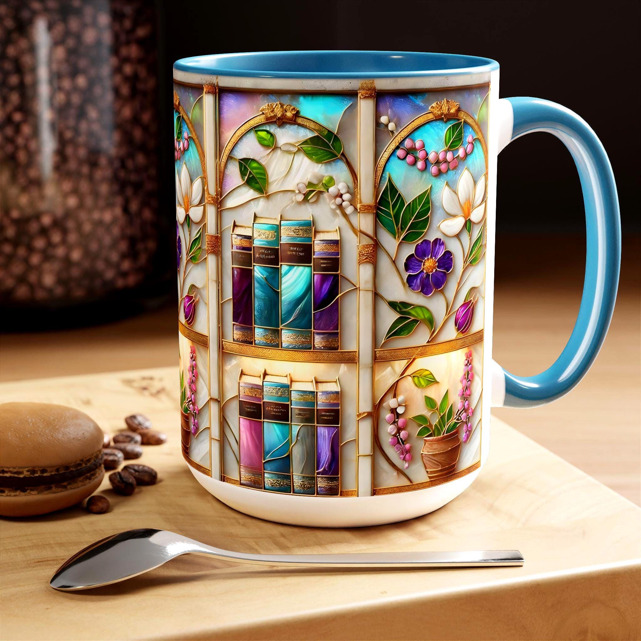 Floral Bookshelf Coffee Mug, Bookish Stained-glass Style Ceramic Mug, Book Lover Gift Mug 15oz