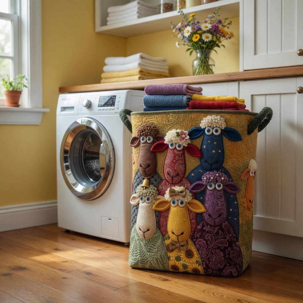 Whimsical Sheep Quilted Laundry Basket, Colorful Applique Storage Bin, Farmhouse Nursery Decor