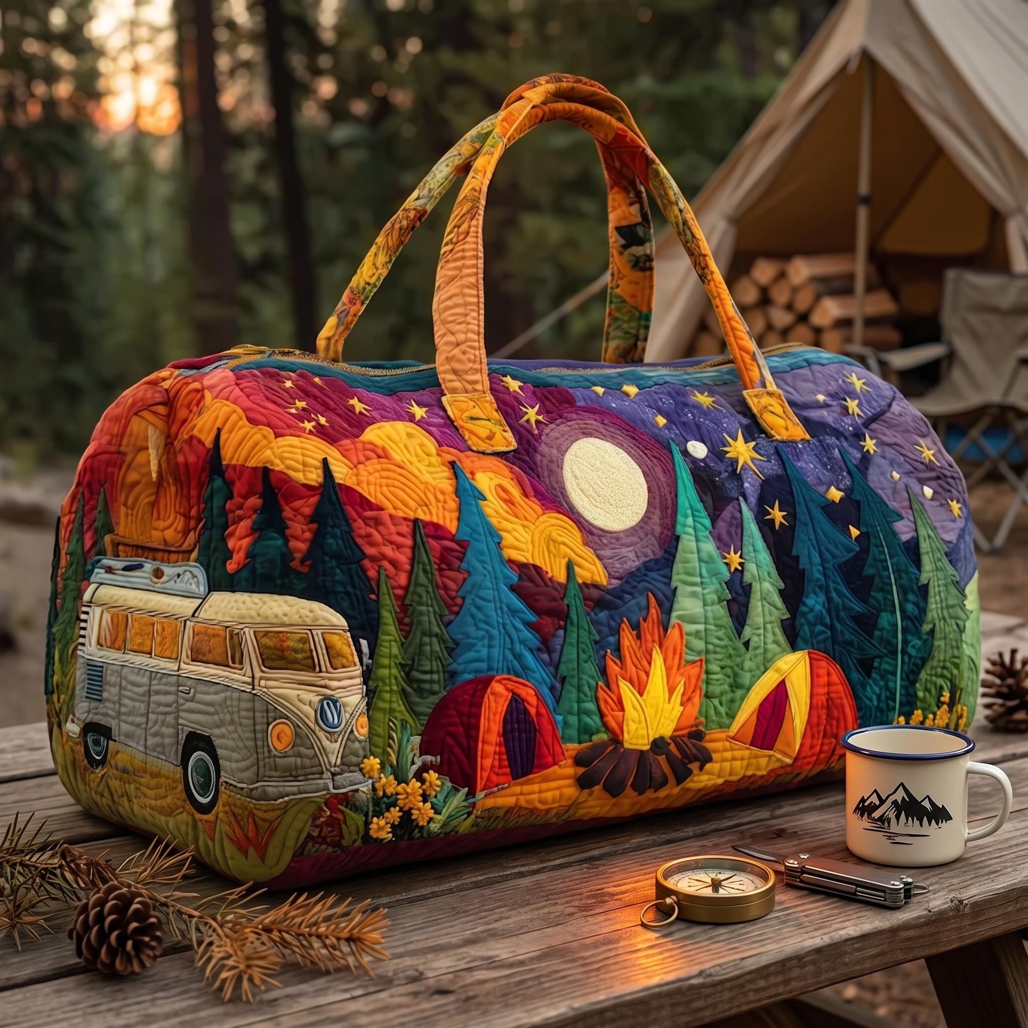 Camping Camper Van Quilted Duffle Bag, Night Forest Weekender Bag, Retro Adventure Travel Tote, Glamping Overnight Bag, Nature Lover Gift
