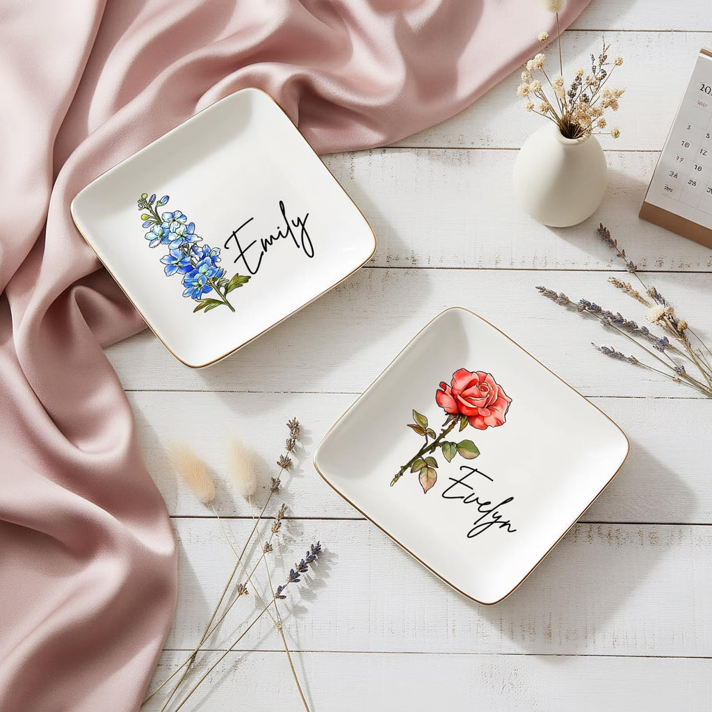 Personalised Birth Flower Trinket Dish, Custom Watercolor Flower Ring Dish, Birthday Jewelry Dish, Wedding Bridesmaid Gift,friendhship Gifts