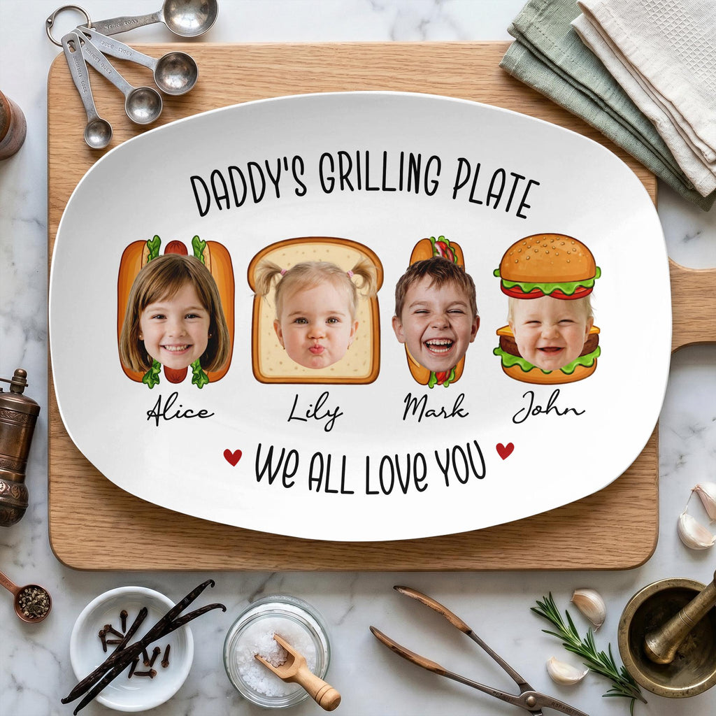 Personalized Daddy's Grilling Plate, Custom Dad’s Grilling Platter With Kid Faces, Gift for Dad From Kids, BBQ Serving Tray, Father’s Day