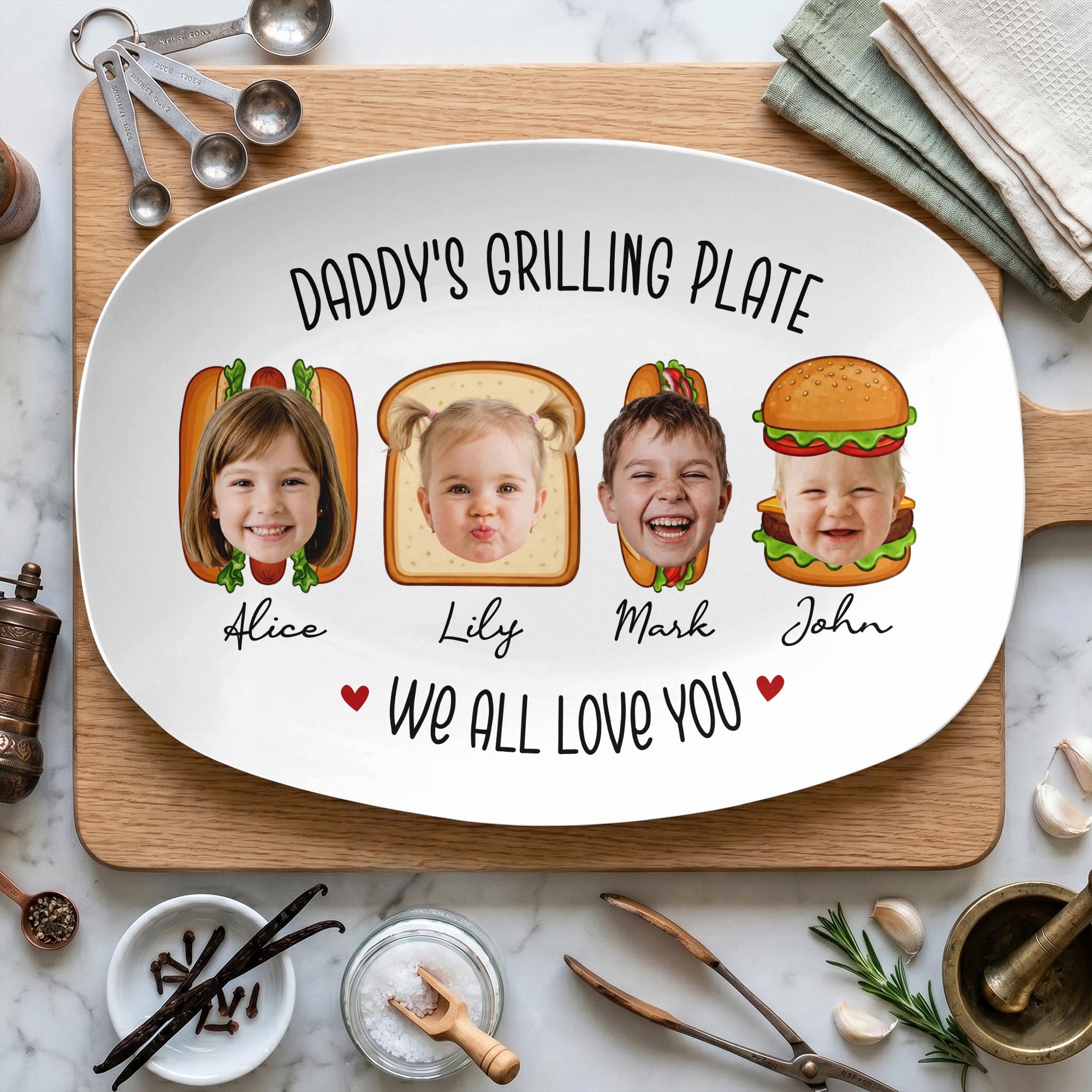 Personalized Daddy's Grilling Plate, Custom Dad’s Grilling Platter With Kid Faces, Gift for Dad From Kids, BBQ Serving Tray, Father’s Day