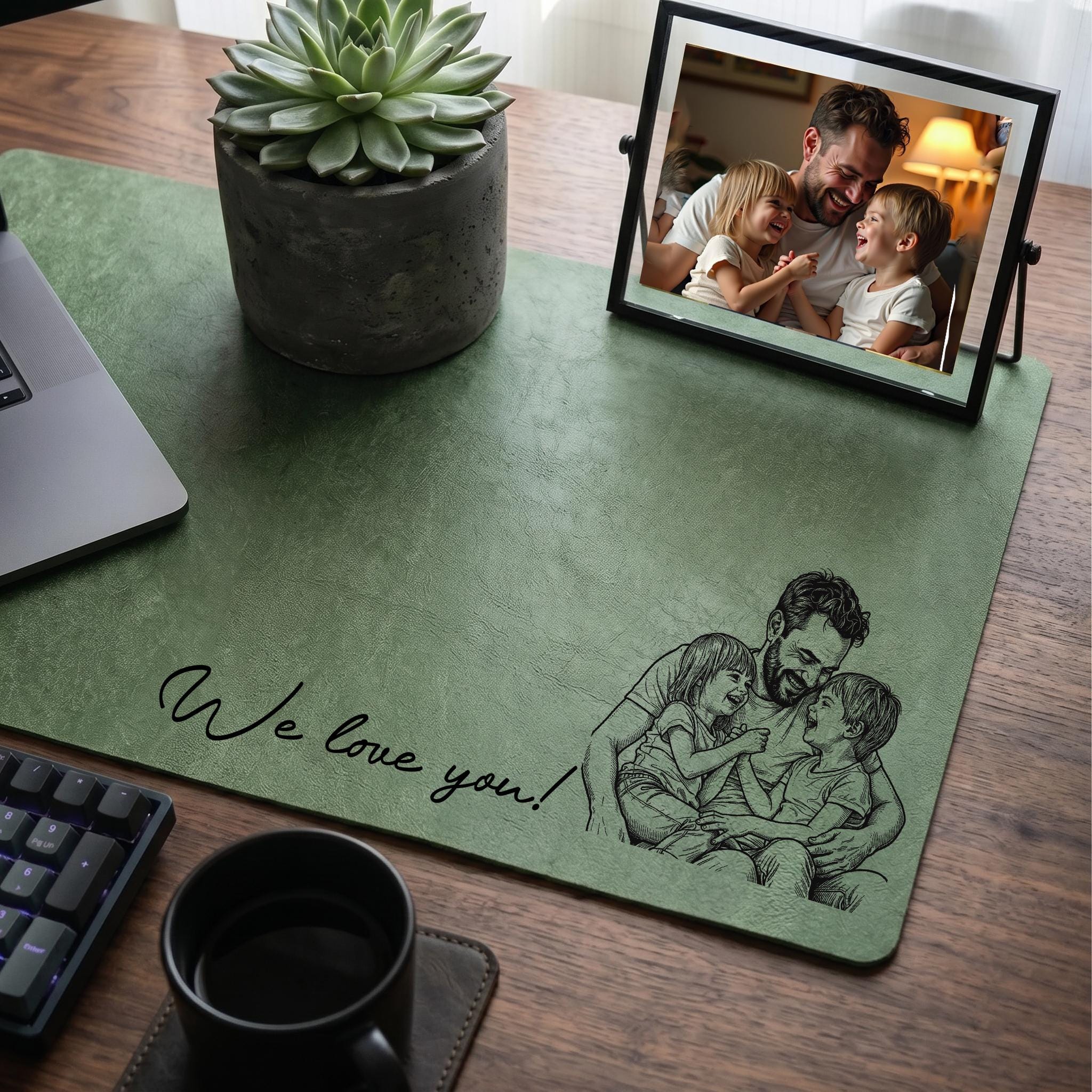Personalized Dad We Love You Custom Photo Sketch Line Art Desk Mat, Father's Day Gift for Husband, Daddy & Kid Picture Desk Pad Mouse Mat
