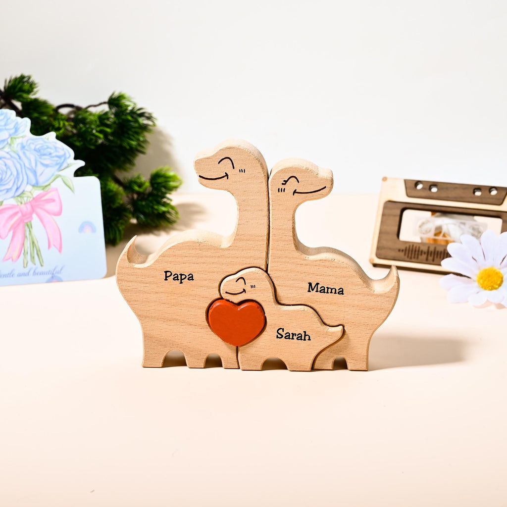 Wooden Dinosaur Family Puzzle, Personalized Christmas Gift for Family, Name Engraved Dino Keepsake, Holiday Home Decor, Mom Gift From Kids