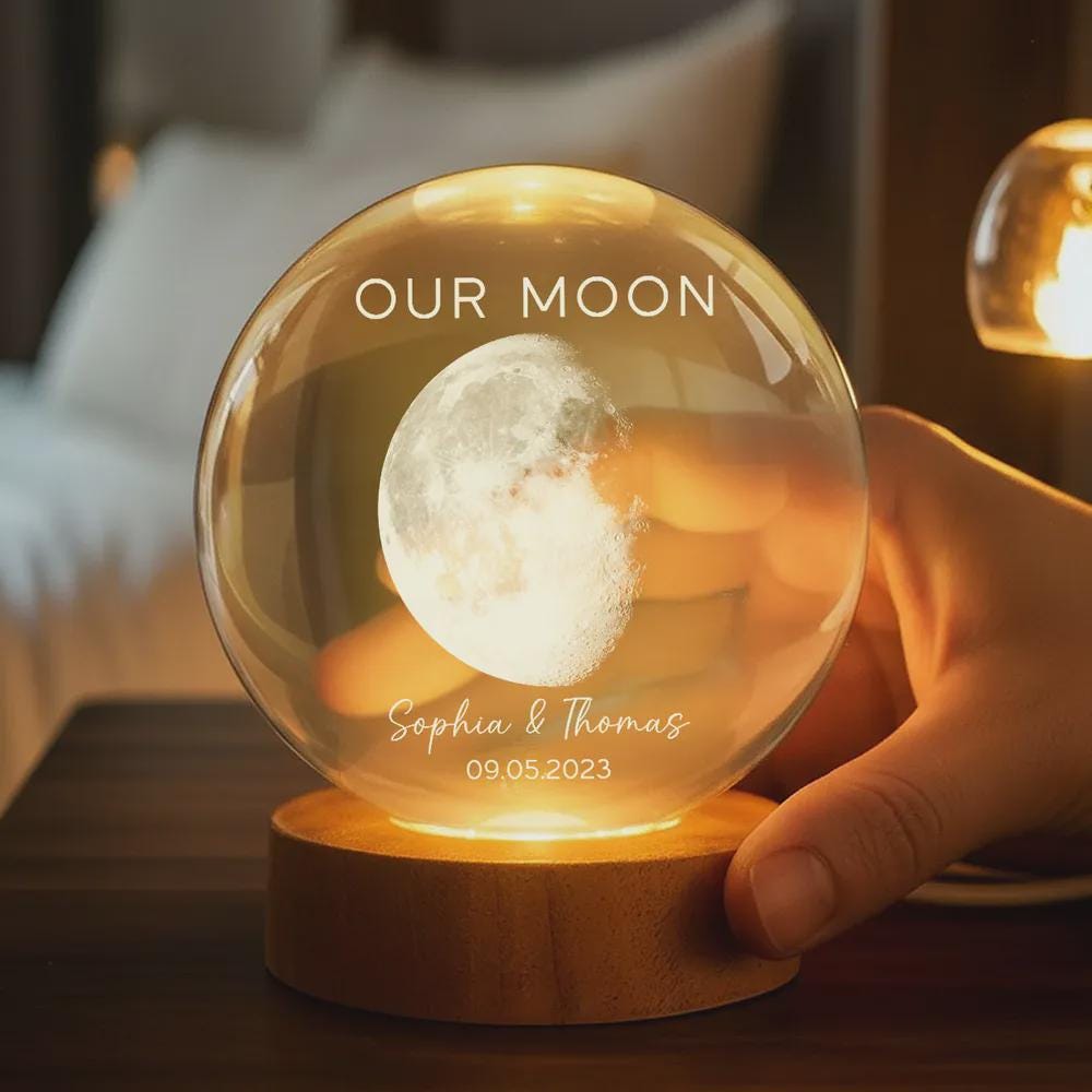 Personalized Moon Phase Crystal Ball Lamp, Custom Anniversary Night Light, Couple Anniversary Gift, Customizable with your names or special date, USB powered with 4 lighting modes