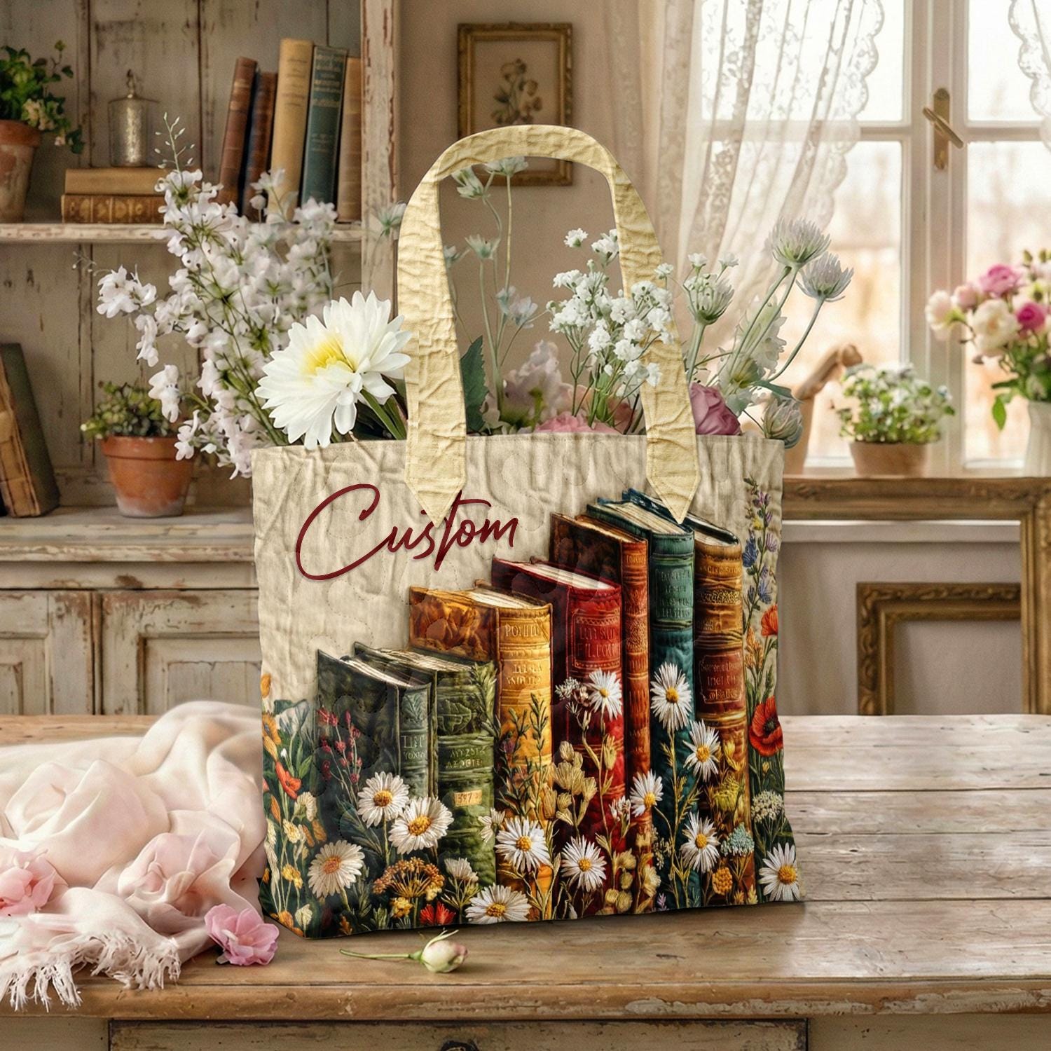 Floral Book Tote Bag, Book Stack Quilted Tote, Cottagecore Book Lover Bag, Vintage Floral Tote, Reading Lover Gift for Her