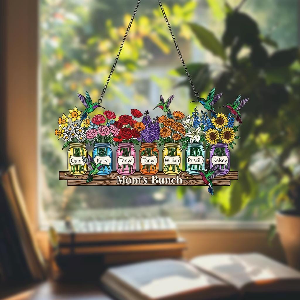 Personalized Mother's Day Suncatcher, Custom Birth Flower, Mom’s Bunch Gift, Mason Jar Window Hanging, Mother's Day Gift, Nana's Blessings