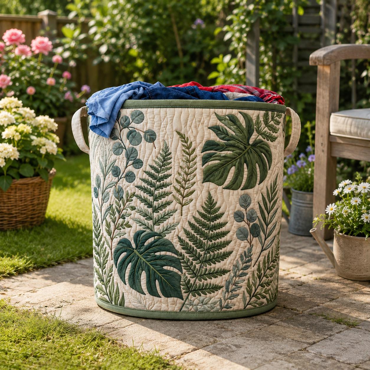 Quilted Laundry Basket, Tropical Leaf Design, Large Fabric Basket, Storage Bin for Clothes, Home Organization, Eco Friendly Laundry Hamper
