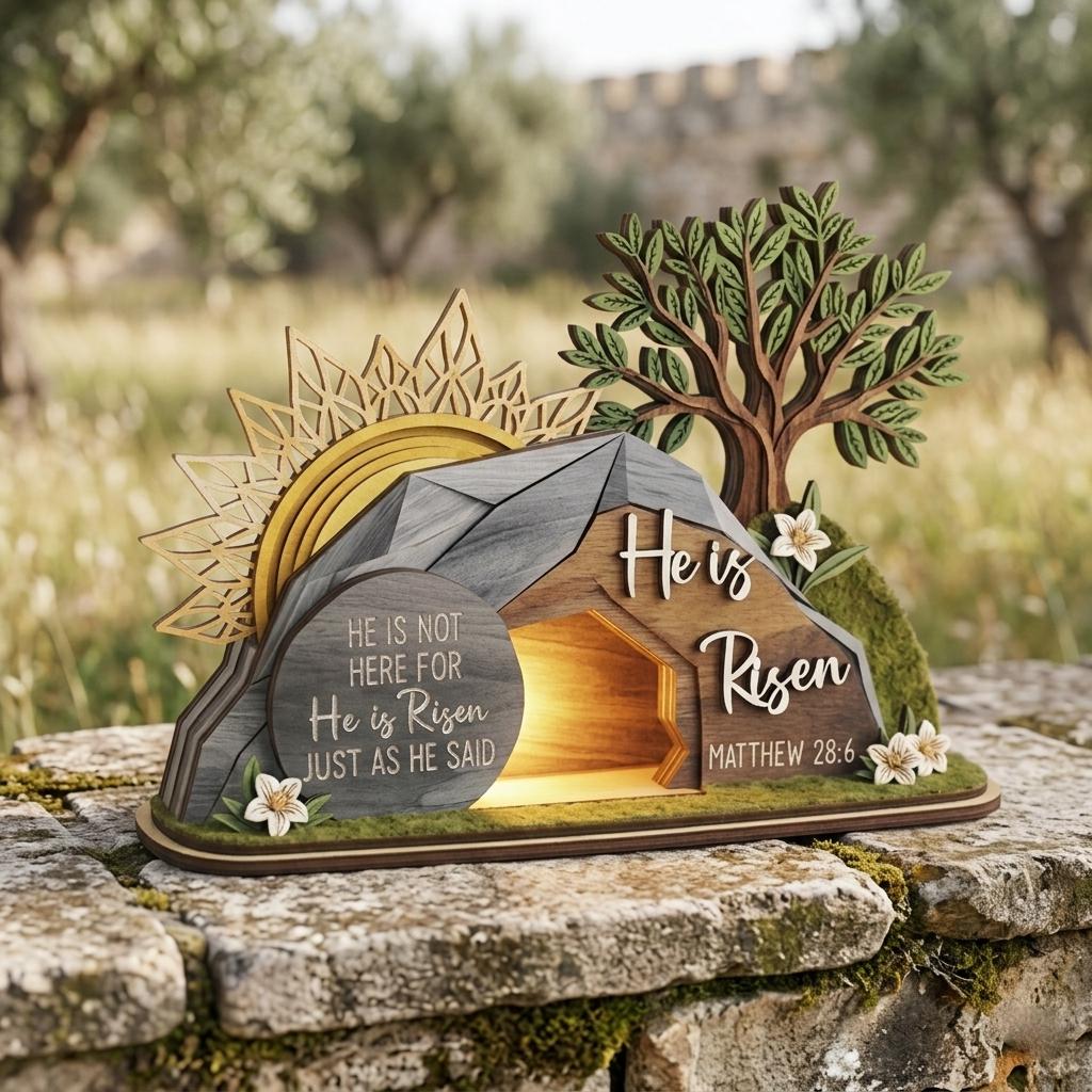 He is Risen Easte Wooden Block, Christian Resurrection Table Sign, Religious Home Decor Gift, Empty Tomb Cross Wood Shelf, Religious Home Decor Gift