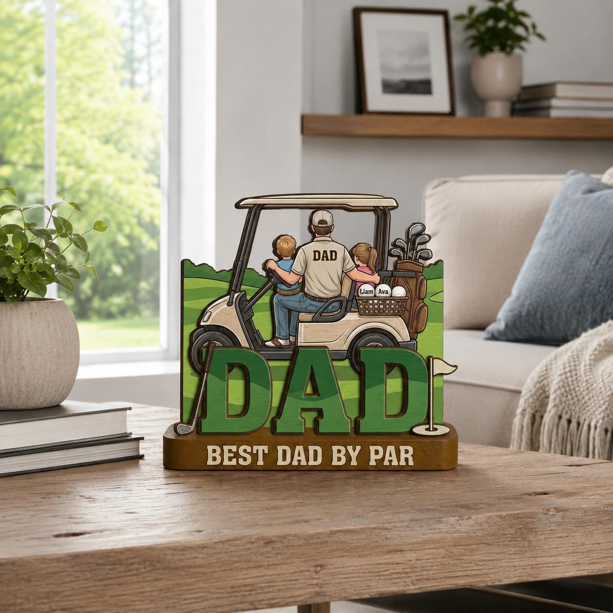 Personalized 2D Flat Golf Dad Wood Sign With Kids Names, Father's Day Gift for Dad Grandpa, Best Dad by Par Custom Wooden Golf Shelf Decor