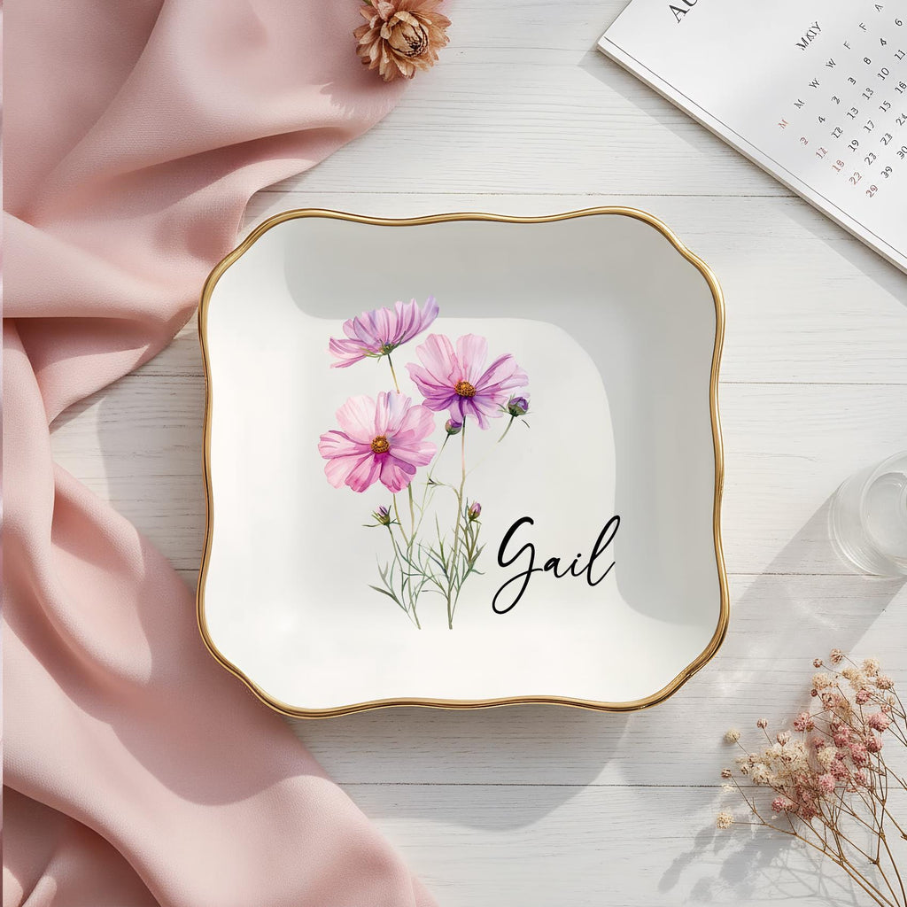 Personalized Birth Flower Trinket Dish, Custom Watercolor Flower Ring Dish, Wedding Bridesmaid Gift, Birthday Jewelry Dish, Christmas Gifts