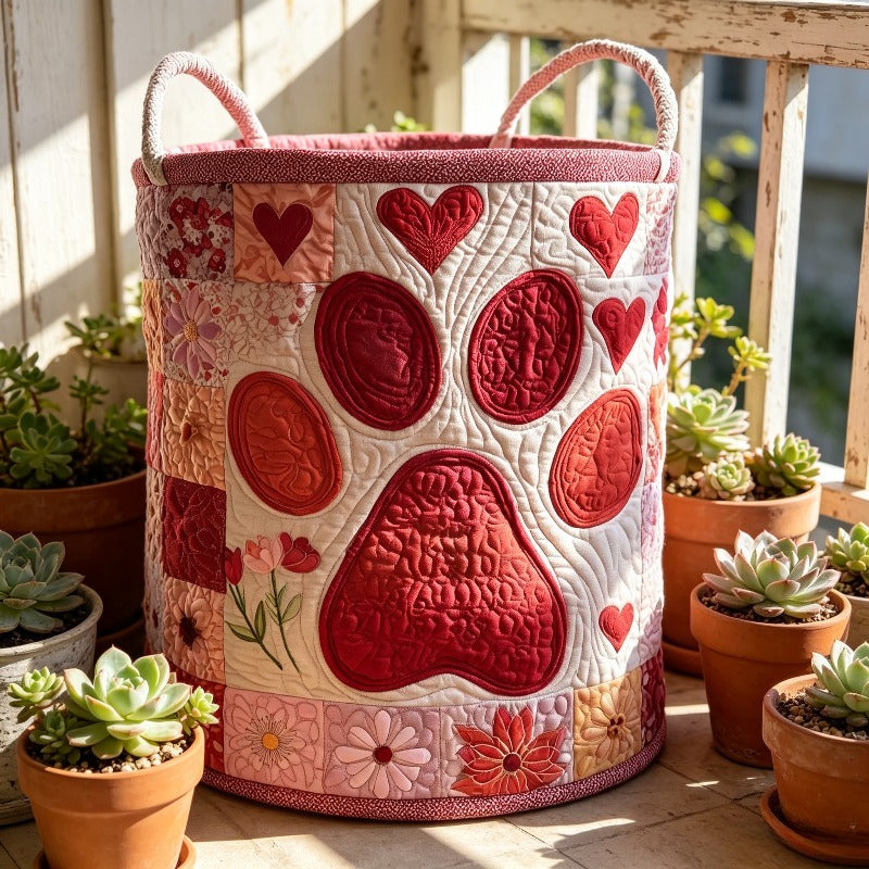 Love Heart Print Quilted Laundry Basket, Padded Fabric Clothes Hamper, Foldable Storage Bin for Bedroom Bathroom Nursery Decor