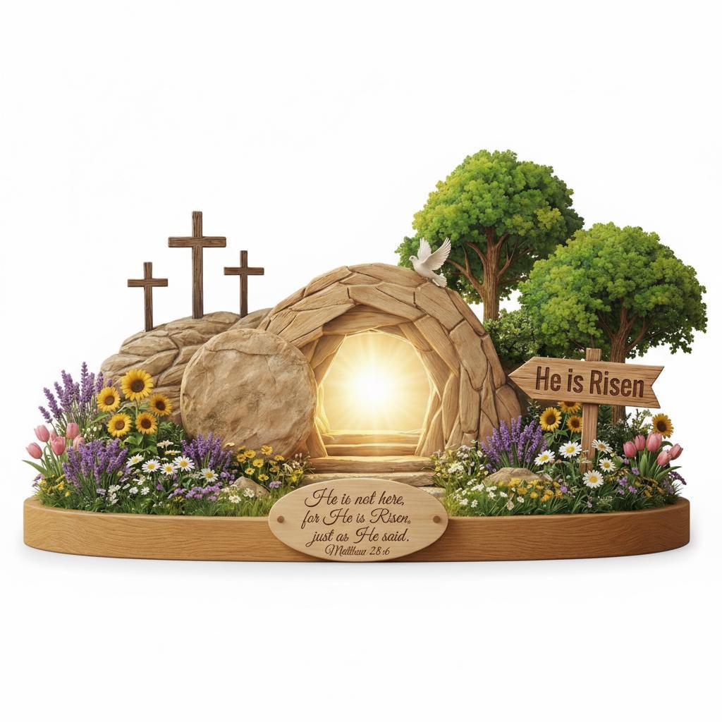 Flat He is Risen Wooden Block Easter Scene, Empty Tomb Decor With Scripture, Christian Resurrection Table Display