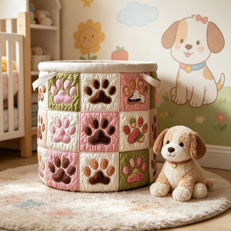 Cat Paw Print Quilted Laundry Basket, Large Foldable Oval Clothes Hamper with Handles, Boho Fabric Storage Bin for Bedroom Bathroom