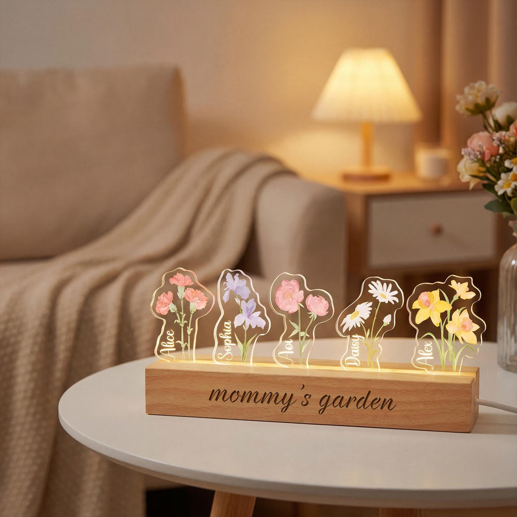Personalized Nanny's Garden Birth Month Flower Night Light, Customized LED Lamp With Kids Names, Mother's Day Gift for Mom