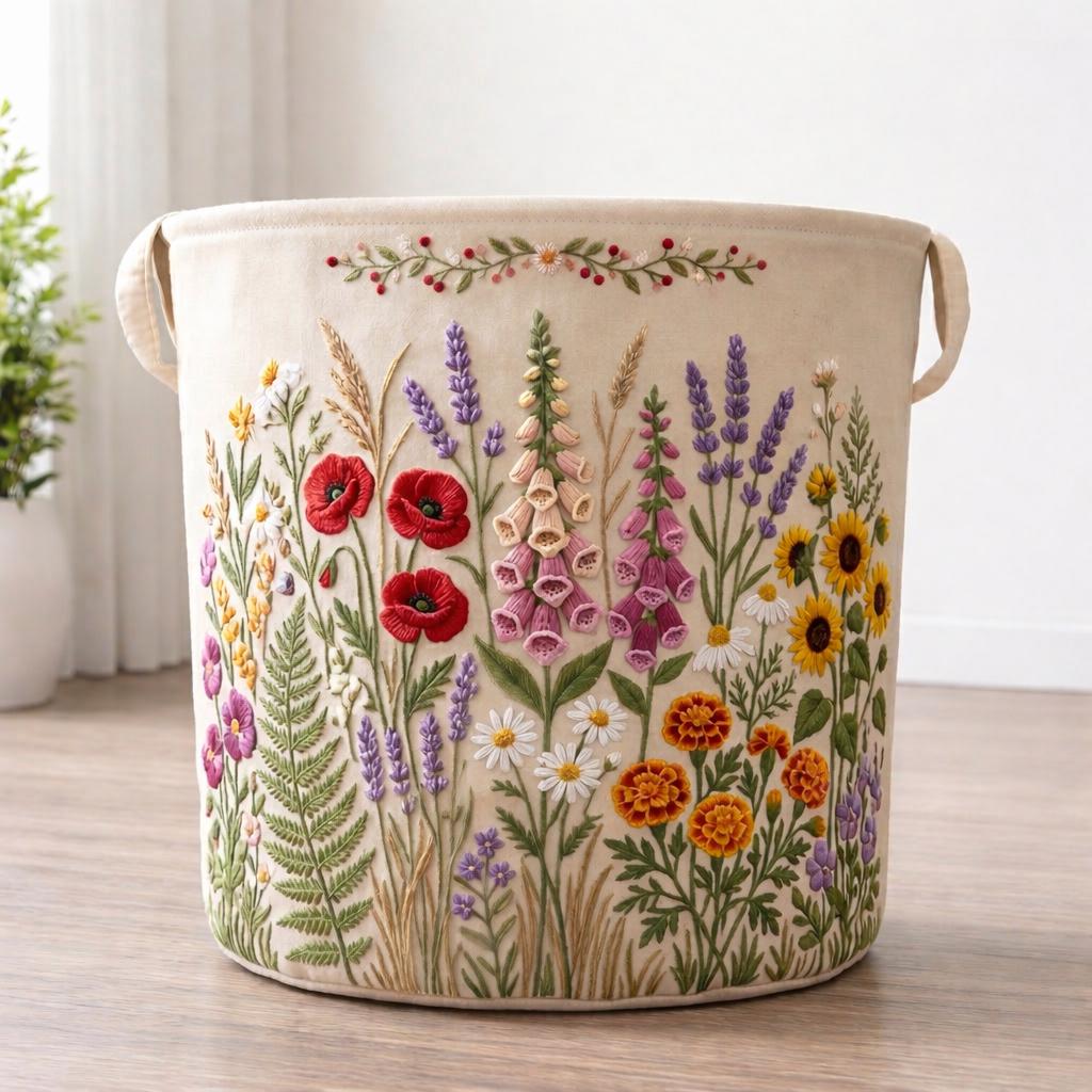 Floral Quilted Laundry Basket, Colorful Wildflower Hamper, Storage Bin for Laundry, Decorative Laundry Basket, Gift for Her