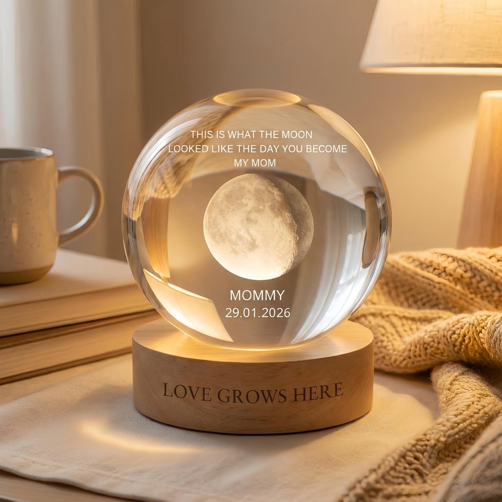 The Day You Become Mom Personalized Moon Phase by Date, Custom Crystal Ball LED Night Light, Gift for Mom, Mother's Day Gifts,gift From Kids