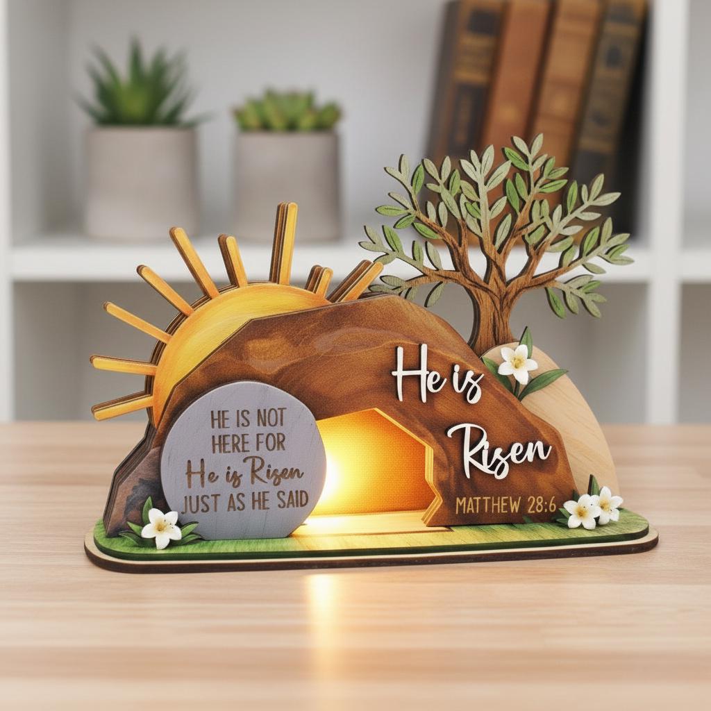 He is Risen Easte Wooden Block, Christian Resurrection Table Sign, Religious Home Decor Gift, Empty Tomb Cross Wood Shelf