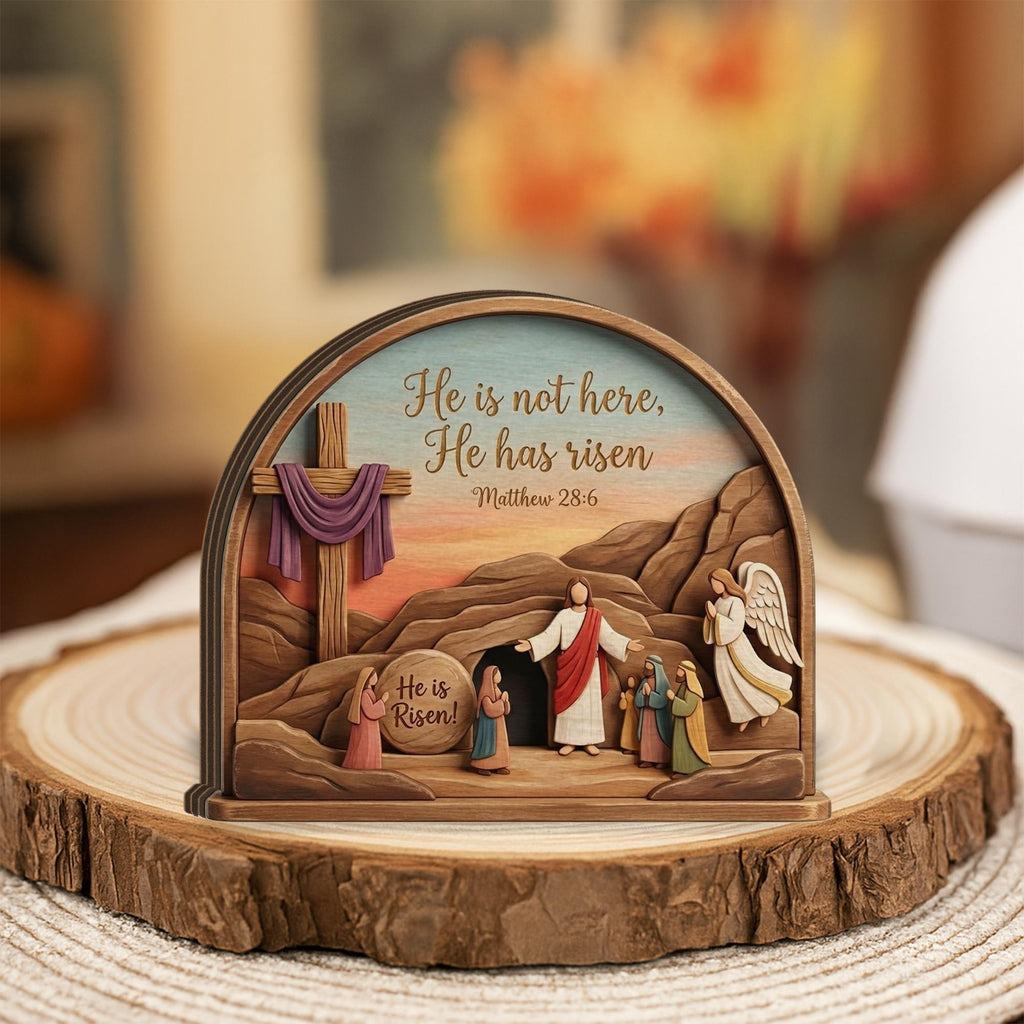 He is Risen Easter Decoration, Wooden Cross Tabletop Ornament, He is Risen Wood Sign_ Jesus Resurrection Scene, Easter Decor